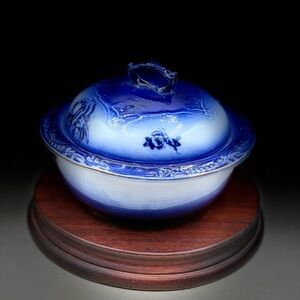 Antique Victorian Covered Soap Dish Flow Blue Staffordshire England 1880-1910